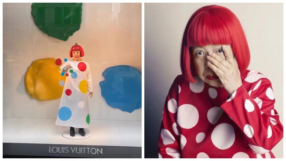 Робот в виде художницы Кусамы притягивает зрителей с витрины Louis Vuitton.